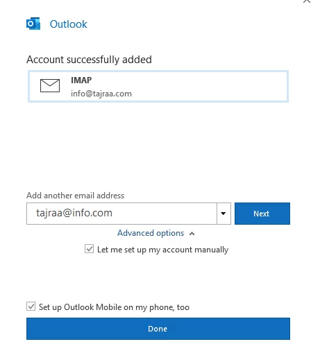 فتح ايميل info على تطلبيق outlook من منصة تجرة