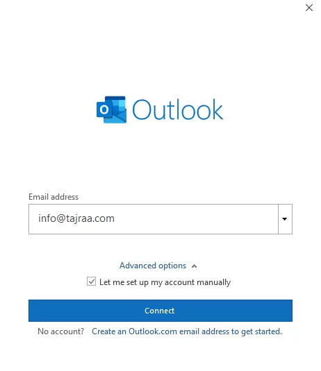 فتح ايميل info على تطبيق outlook من منصة تجرة